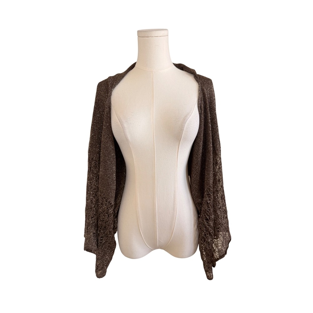Metallic Bronze Crochet Knit Shrug Bolero Shawl Draped Lace Sleeve Cover Up